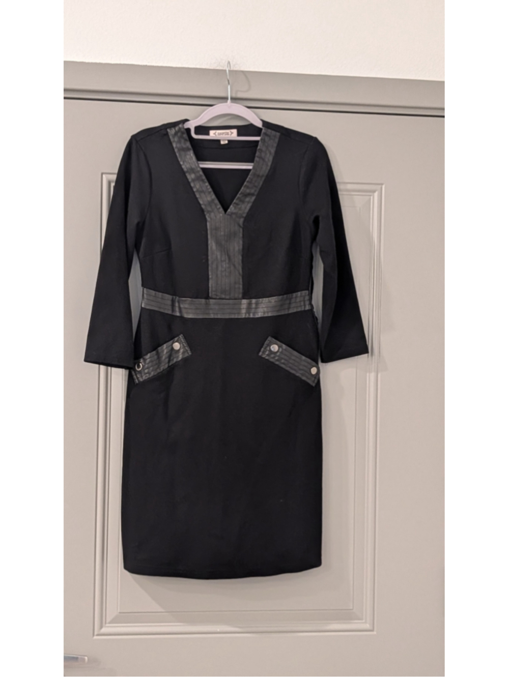 Nanette Lepore Black Sheath Dress Faux Leather Trim 3/4 Sleeve Women's Size 2